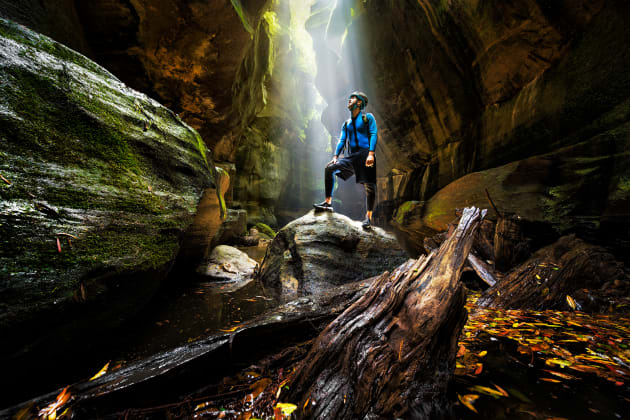 Admiring a light show in Rocky Creek. I’ve tried on numerous occassions to predict when these show up - often with mixed success! You soon learn the light changes constantly in canyons. Nikon D810, 14-24mm f/2.8 lens, 1/2s @ f5, ISO 64.