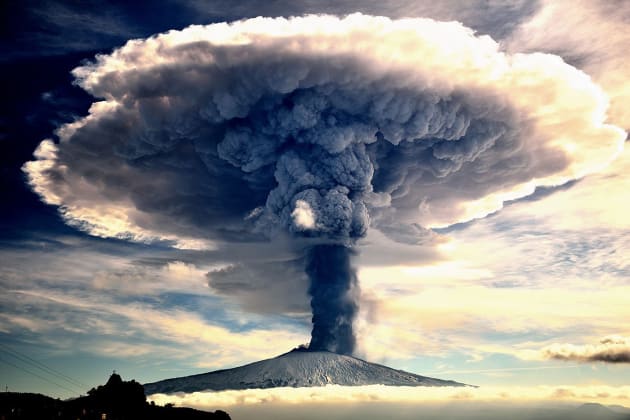 “The power of nature”. Magma, ash and gas erupt from Mount Etna in December 2015, rising to a height of several kilometres. Winner: Nature. (Photo by Giuseppe Mario Famiani/SIPA Contest)