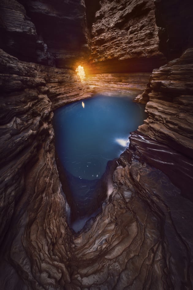 On this particular trip to Karijini I would have spent more than 12 hours in total in Hancock Gorge alone. Here you get a taste of the incredible colours, textures, shapes and light in a world beneath the harsh landscape above. Sony A7r, Canon 16-35mm F2.8 II @ 16mm, 6s @ f16, ISO 100.