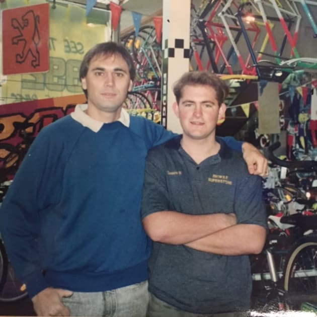 No, it’s not a commercial for skin care or hair products, but a very young looking Bill Abbott (left) and Darren Rutherford working at Bicycle Superstore around 25 years ago.