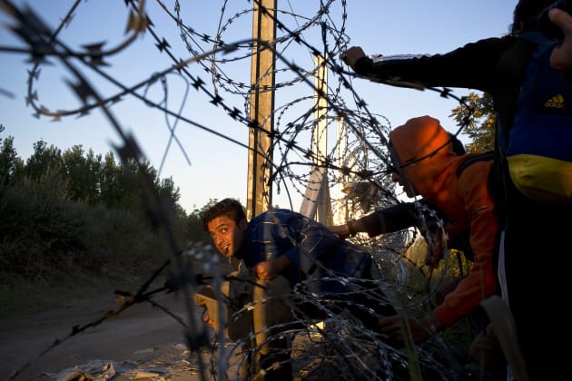 Refugees make a break into Hungary through the border fence being constructed between Hungary and Serbia. Horgoš, North Banat, Serbia, 9 September, 2015. © David Maurice Smith/Oculi.