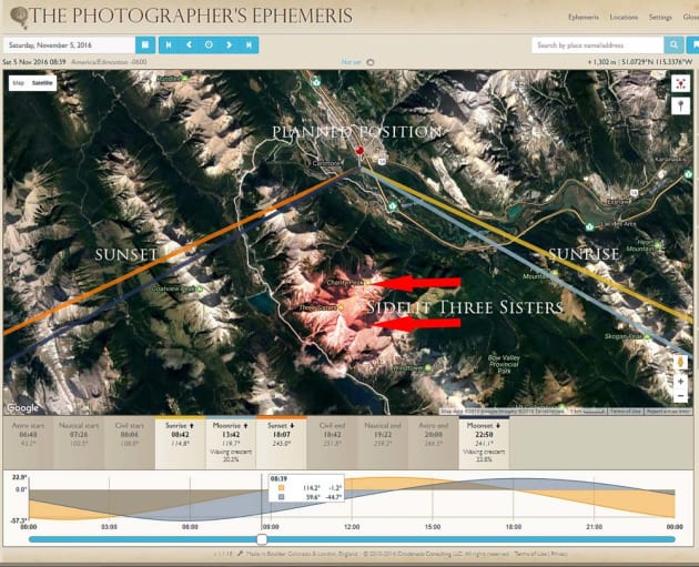 The Photographer's Ephemeris. This application lets you plan for the direction of light. On the morning that I photographed this scene, I was able to predict where the light would fall on the mountain and at what time. This application can be used for free on desktop computers.