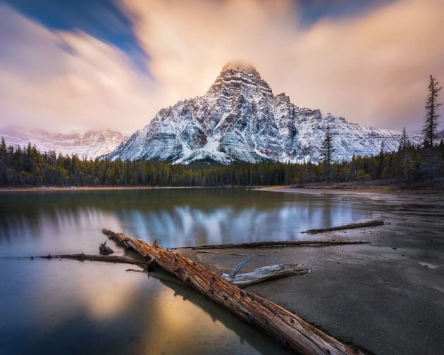 Golden morning light over Mount Chephren, Icefields Parkway. Canon EOS 5D MKIV, 16-35mm f4 lens, 45s @ f/16, ISO 50, tripod, polarising filter, 4-stop soft-edge GND and 6-stop ND filter. Panorama stitching, colour and contrast adjustments in Lightroom CC and Adobe Photoshop CC.