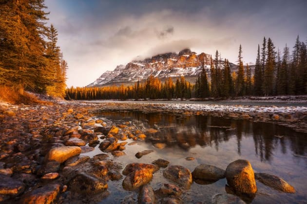 Morning near the foot of Castle Mountain. Canon EOS 5D MKIV, 16-35mm f4 lens, 1/5s @ f/11, ISO 100, tripod, polarising filter, 4-stop soft-edge GND. Colour and contrast adjustments in Lightroom CC and Adobe Photoshop CC.