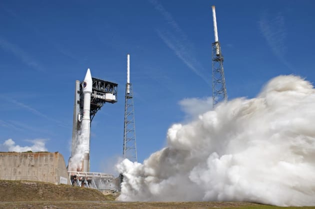 With blue sky for a background, the Orbital ATK Cygnus pressurized cargo module is carried atop the United Launch Alliance Atlas V rocket from Space Launch Complex 41 at Cape Canaveral Air Force Station in Florida. Orbital ATK's seventh commercial resupply services mission, CRS-7, will deliver 7,600 pounds of supplies, equipment and scientific research materials to the International Space Station. Liftoff was at 11:11 a.m. EDT.