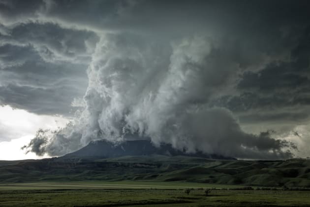 This was our first time chasing in the beautiful State of Montana and we ended up in a valley below these mountains in Square Butte. As the storm forms it drops down and begins to form a wall cloud, and as it moves east, the wall cloud engulfs a mountain, something that many chasers have not seen before. Canon 5DSR, 17-40mm lens @ 40mm, 1/90sec @f8 ISO 400.