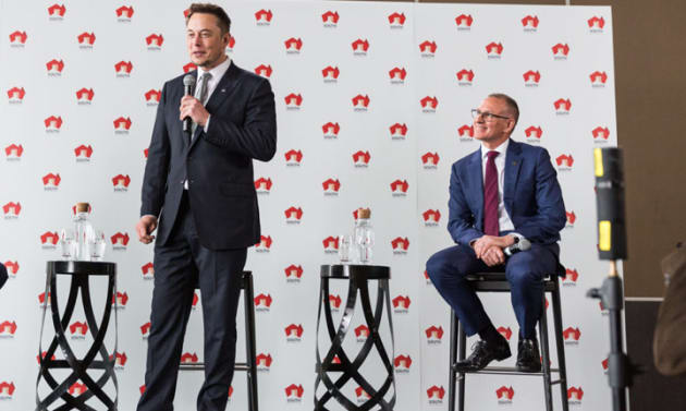 Elon Musk announces the Tesla battery alongside South Australian Premier Jay Weatherill. Picture: Andre Castellucci/InDaily