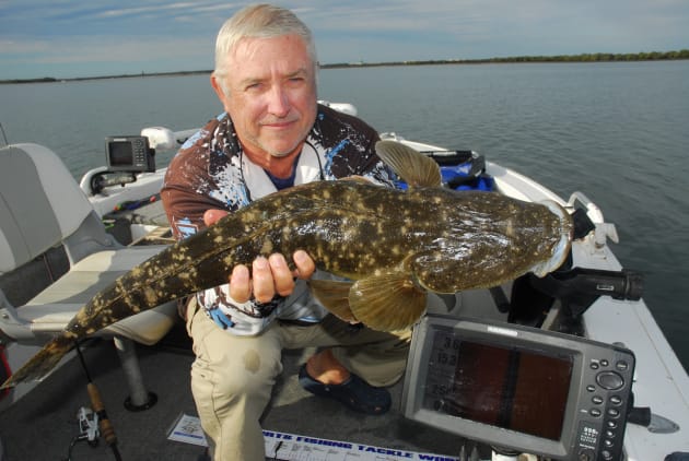 Fisho writer Mark Frendin with a nicely marked Gold Coast flathead. Flatty trolling started in southern Queensland about 35 years ago and remains hugely popular in the Sunshine State.