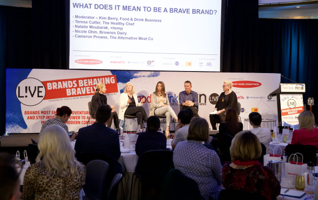 The panel discussion at Food & Drink Business + PKN LIVE took a deep dive into what it means for a brand to be brave. (From left to right: Teresa Cutter, The Healthy Chef; Nicole Ohn, Brownes Dairy Company; Natalie Morubarak, +Hemp; Cameron Prowse, The Alternative Meat Company; and Kim Berry, editor of Food & Drink Business.)