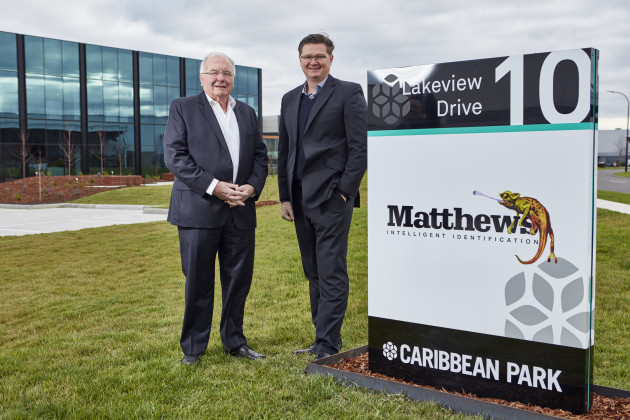 Chairman and company founder, Lester Nichol with CEO Mark Dingley outside Matthews Australasia's new premises at Number 10, Lakeview Drive, Scoresby.