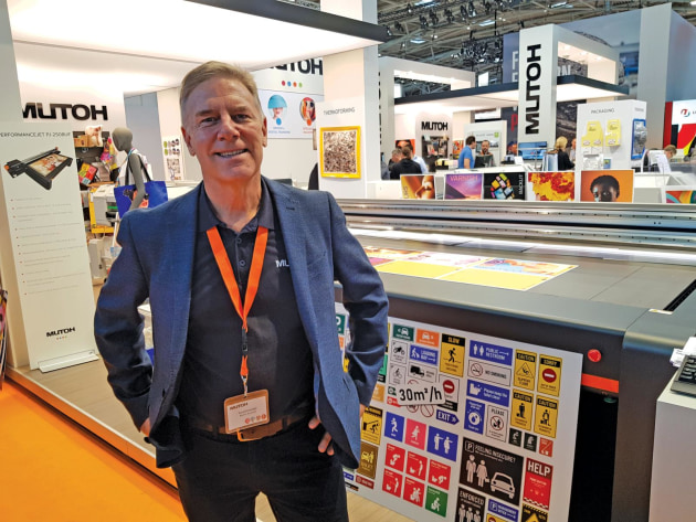 New phase: Russell Cavenagh, Mutoh, with the PerformanceJet UV flatbed launched at Fespa
