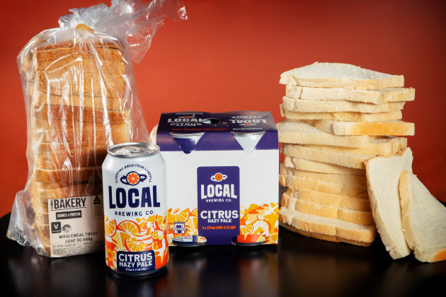 Local Brewing Co.'s most recent Surplus Series release, the Citrus Hazy Pale, was crafted from 100 kilograms of surplus Coles Brand bread. (Image: Local Brewing Co.)