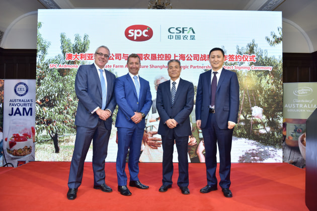 L-R: Tim Dillon, Commissioner Greater China Victorian State Government; Reg-Weine MD SPC; Zhou Xianbia, President CSFA Group Corporation; Zhao Qingyong, GM CSFA Holdings,Shanghai.