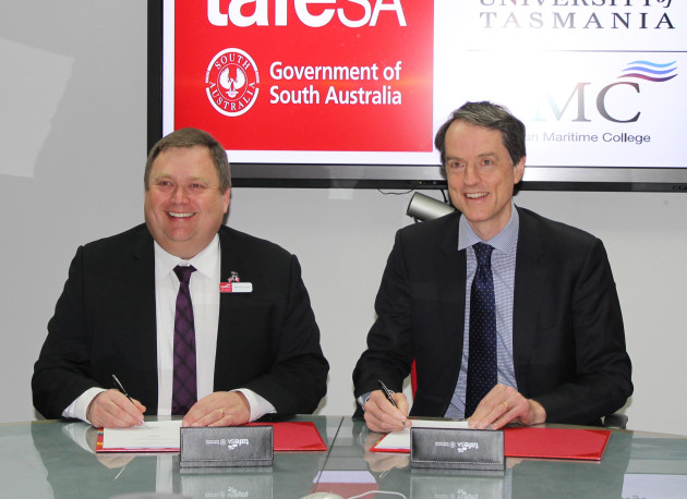 Building pathways: TAFE SA executive director, education, Brian Rungie (left) and University of Tasmania vice-chancellor Professor Rufus Black.