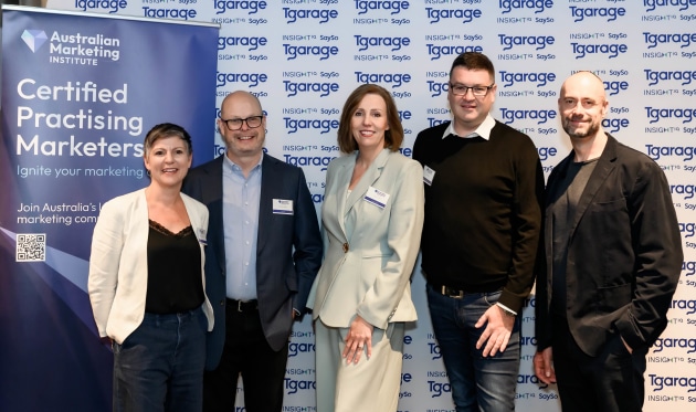 AMI + T Garage innovation seminar (l-r): AMI chair VIC State Committee and Brand Opus MD, Nikki Moeschinger, Kraft Heinz chief Marketing and Category officer APAC Developed Markets, Michael Magee, Asahi Beverages GM of Innovation and Disruption, Susie White, Perfection Fresh chief Marketing and Innovation officer, Luke Gibson, and T Garage partner and director of Strategy, Jed Simpfendorfer. (Image: AMI)