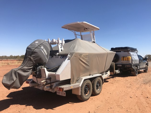 There's a boat but not much water: the AMM Sea Class 5700 centre console on its off road trailer ready to go bush.