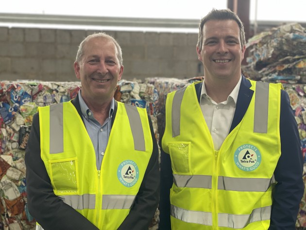 Retired MD Andrew Pooch with new MD Boris Munster at the saveBOARD recycing facility launch in NSW earlier this year. (Image: Lindy Hughson/PKN)