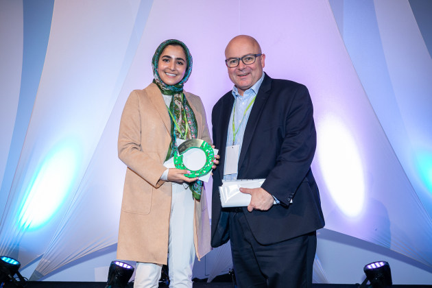 Sarah Hafiz, senior sustainability engineer at Belkin with Chris Foley, CEO of APCO.