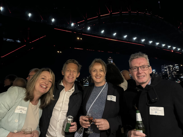 An evening on Sydney Harbour taking in the Vivid light show was a fitting event to farewell former chair, Mark Dingley, and announce the new executive (l-r): Abigail Ford and Jon Perry, Exhibition & Trade Fairs, Rosanne Jessop, MD of Pilz Australia & New Zealand, Tony Elliot, TNA Australia Solutions.