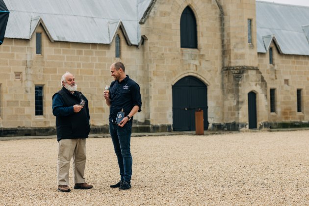 Lark Distillery founder and ambassador Bill Lark & Pontville Distillery master distiller Chris Thomson. 
Australia’s leading single malt whisky distillery Lark Distilling Co (ASX: LRK) has entered a binding agreement to acquire Kernke Family Shene Estate, the owner of Pontville Distillery and Estate. (Source: Lark Distillery)