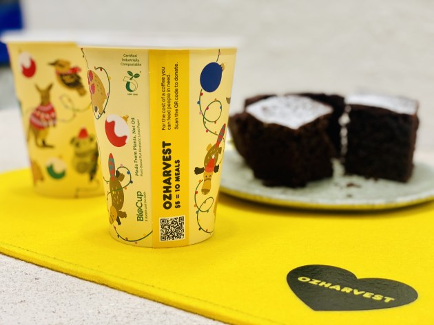 Limited-edition OzHarvest coffee cups are available to purchase online for cafes and businesses wishing to participate across Australia.