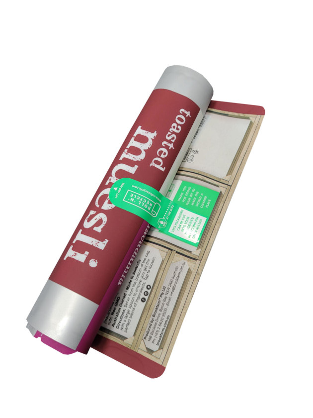 Rolls with the bags: The PIDA Gold awarded, recyclable high-barrier monopolymer bag from Brookfarm and OF Packaging.
