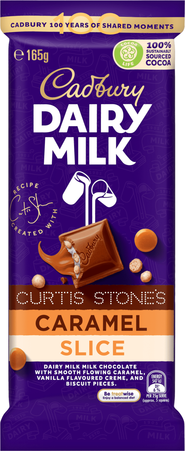 Packaging for the Cadbury Dairy Milk Curtis Stone’s Caramel Slice blocks was designed by Bulletproof and manufactured by Amcor.
