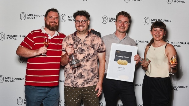 Cap and Bells Shaun Byrne, Nick Tesar, Hugh Leech and Lauren Bonkowski accepting Consistency of Excellence Award at the Australian Distilled Spirits Awards. (Source: Melbourne Royal)