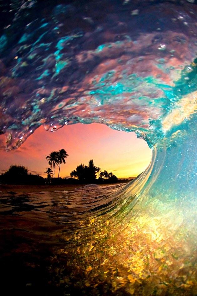 © Clark Little. Rainbow Shave Ice, North Shore, Oahu, Hawaii. The foreground is coloured with light from a strobe flash mounted on Little’s waterproof camera housing, while the background is coloured by the sunset.