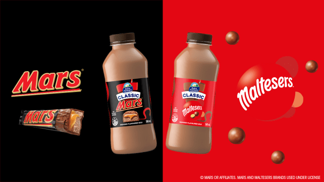 The confectionery brand has incorporated the taste of its iconic Mars bars and Maltesers chocolates into new flavours of Big M and Dairy Farmers fresh Australian milk.
Source: Bega Group