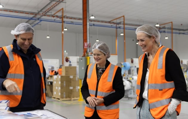 (l-r) Mark Coupe, GM Production, Detmold Medical; governor of SA Frances Adamson; and Sascha Detmold Cox, Group's co-CEO.