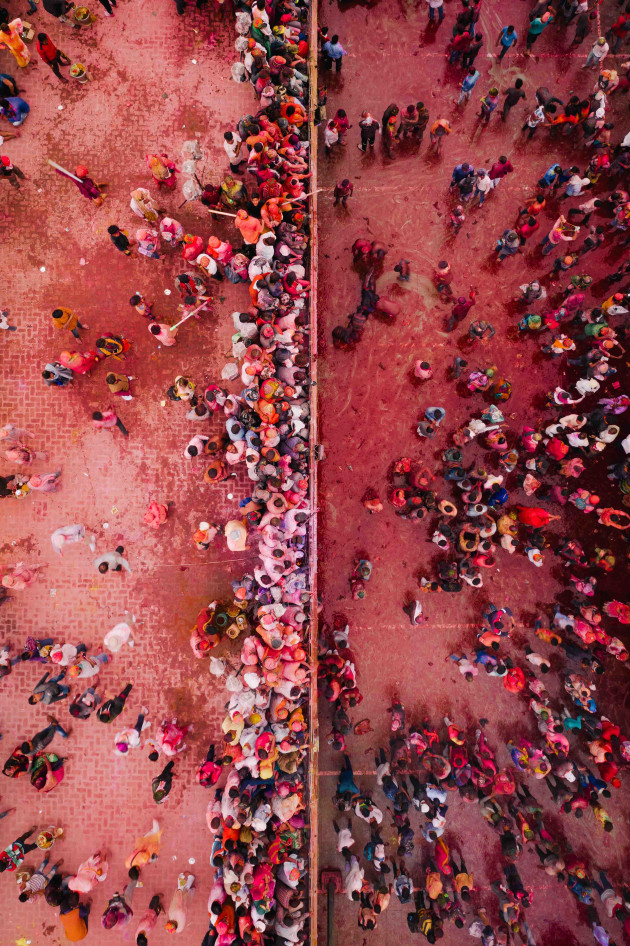 Nandgaon Holi, India. Using a 50 / 50 split technique I captured a wall of photographers looking down on the colourful and watery madness of the day below. Using simple compositions with unique and abstract subjects helps to keep the viewer intrigued. DJI Mavic 2 Pro. 1/320s @ f4, ISO 100. -O.7EV.