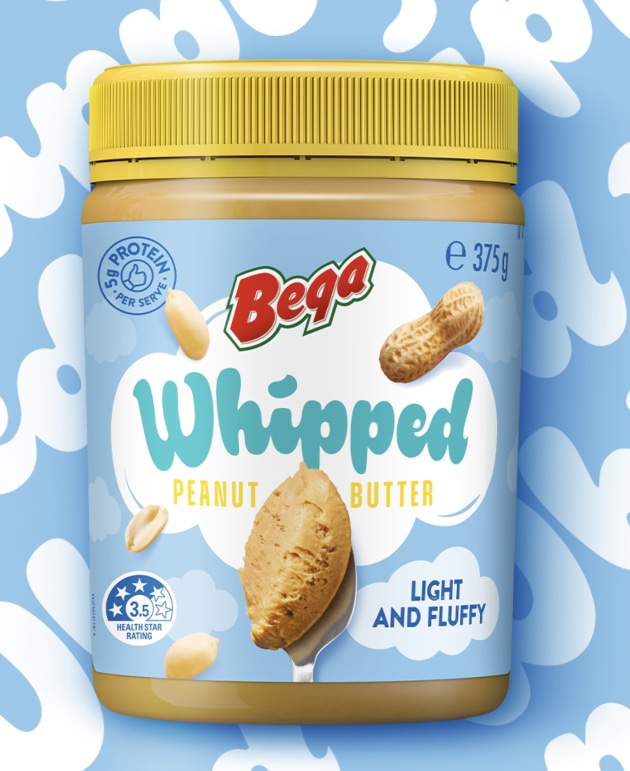 Whipped peanut butter packaged in a recyclable tub with a matching lid.