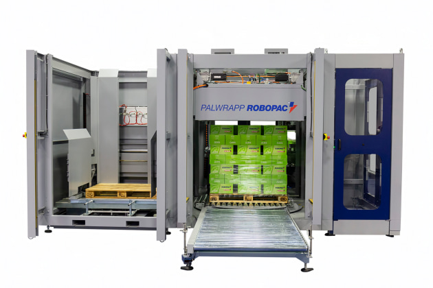 A compact design with integrated palletising and wrapping means the Robopac Palwrapp delivers a high-speed solution.
Source: Foodmach