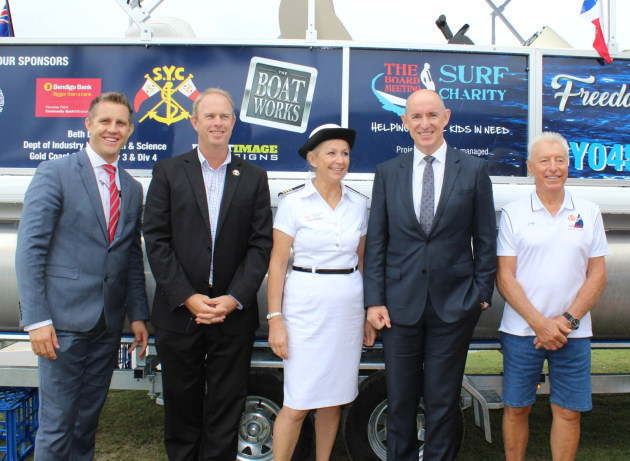 New Freedom: at the launch of the new Sailability pontoon (l-r) Tony Jensen, Bendigo Bank, Brett James and Kerry Noyes from Southport Yacht Club, Stuart Robert MP and Greg Wright, Sailability Gold Coast.