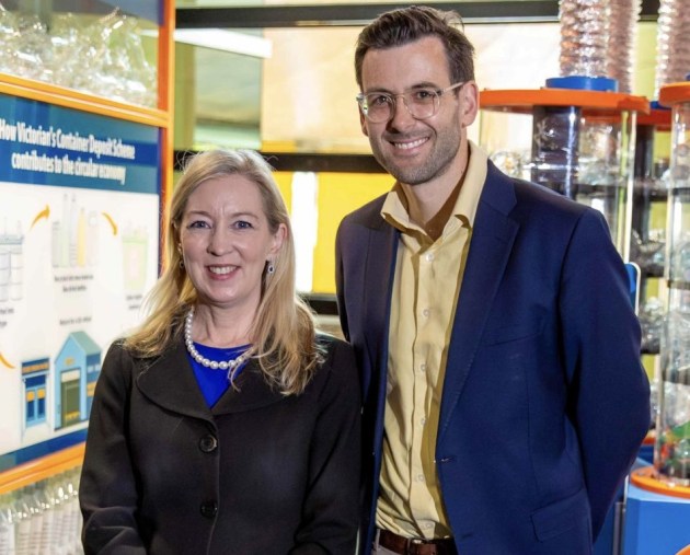 Freya Marsden and Jim Round celebrating first birthday of Victoria's Container Deposit Scheme.