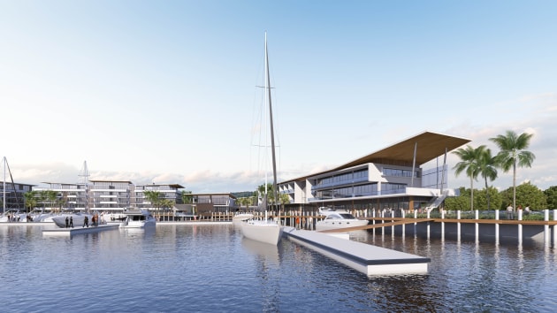 View from harbour entrance to marina village.