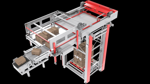 The palletiser can stack boxes of frozen foods into pallets, even if they are not form-fixed or not fully filled.