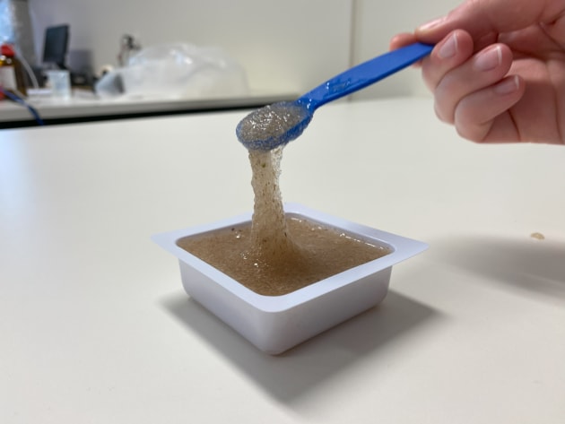 Hydrated psyllium husk showing its viscous stretchy behaviour that lets it replicate some functions of gluten. (Image: University of Adelaide)