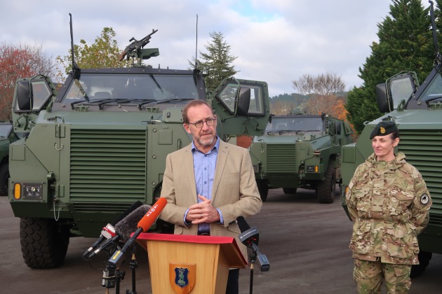 New Zealand Defence Minister Andrew Little speaking at the delivery event for the 18 Bushmaster PMVs at Trentham Military Base on 25 May. (Tim Fish)