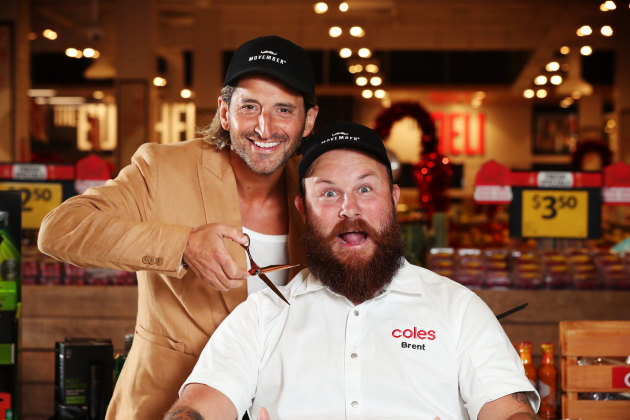 Coles ambassador and 2023 MasterChef winner, Brent Draper, kicked off the campaign in Melbourne, having his beard shaved off for the first time in 12 years.
Source: Coles