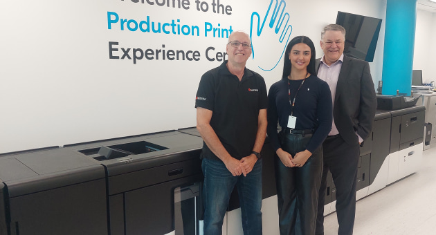 Production print strategy: (l-r) Brett Palmer, sevice manager; Karina Karpathios, marketing manager; and David Procter, general manager, with a Kyocera Taskalpha Pro 15000c in the compay's ANZ showroom