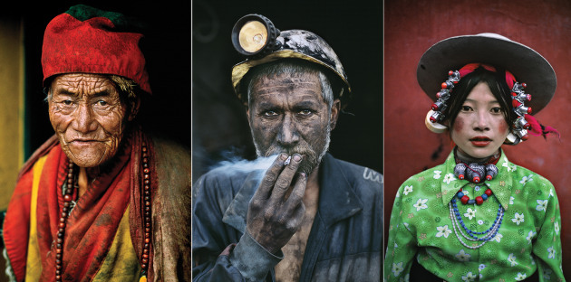 Left to right: Monk, Kham, Tibet, 1999; Coal Miner with Cigarette, Pol-e Khomri, Afghanistan, 2002; Young Woman at a Horse Festival, Tagong, Tibet, 1999 © Steve McCurry / Magnum Photos.