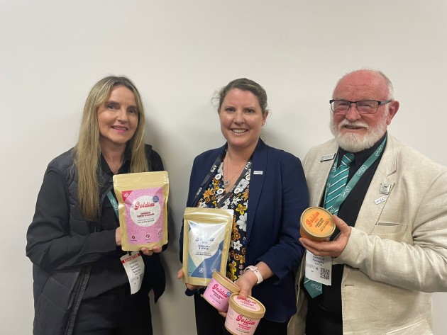 AIP's Nerida Kelton (left) and Ralph Moyle (right) with Sarah Yanez of Goldies Wholefoods/ Totally Wrapt Packaging (centre).