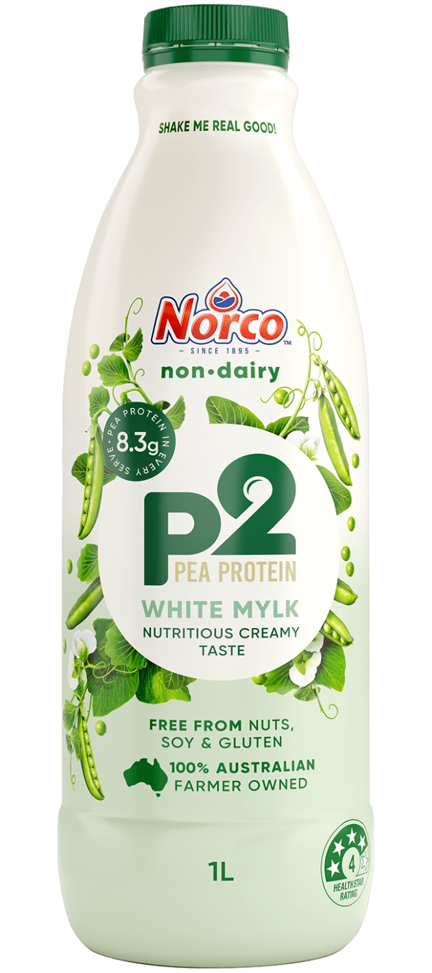 Norco’s P2 Pea Protein Mylk is a plant-based milk alternative with the same protein, calcium, and creaminess as full cream dairy milk.