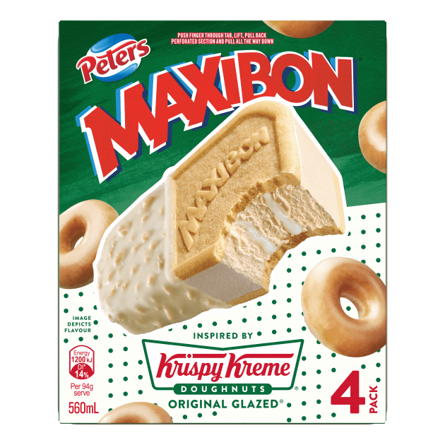 Maxibon X Krispy Kreme will be available in multipacks for the first time – exclusively at Woolworths.
Source: Peters Ice Cream