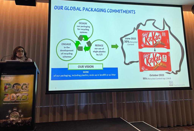 Sandra Martinez, Ceo of Nestle Oceania, presents on Nestle's global packaging commitments.