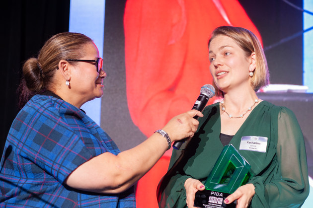 Katharina Lennie from Sealed Air Corporation (SEE) picks up the Gold, and tells co-MC Zaidee Jackson about the winning pack.