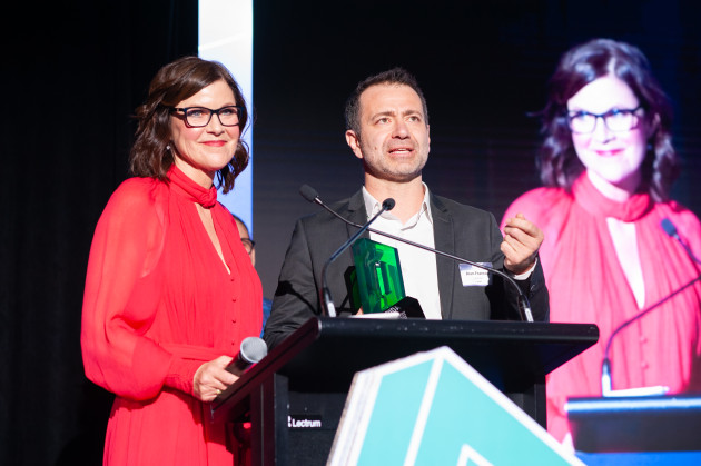 Two golds in the bag for innovator Jean-Francois Roiron for his koor design. Pictured here with co-MC Sally Williams.