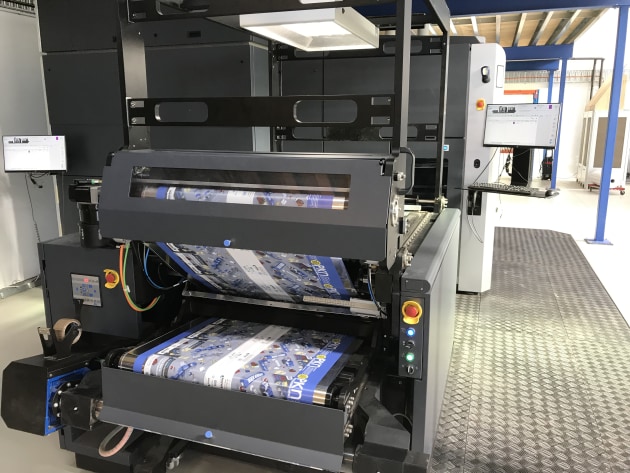 Pouch film being printed on HP Indigo 20000 digital press at Read Labels & Packaging.